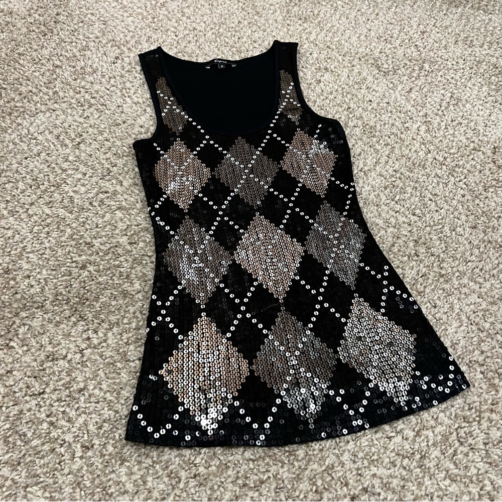 Vintage Y2K 2000s mcbling old express sequins argyle tank top - Picture 2 of 5